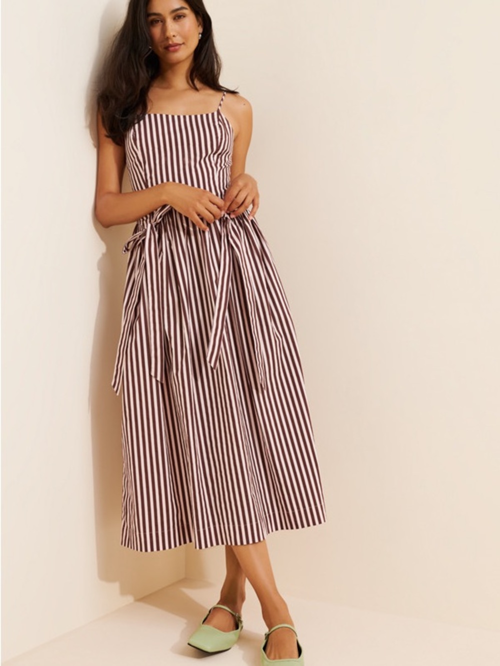 Striped Brown and White Spaghetti‑Strap Midi Dress with Waist Tie